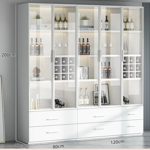 Tủ Rượu Trưng Bày Tone Trắng Có Đèn LED Kính Cường Lực, Nội Thất Phòng Khách 80x40x200cm Yapi-TK007-T