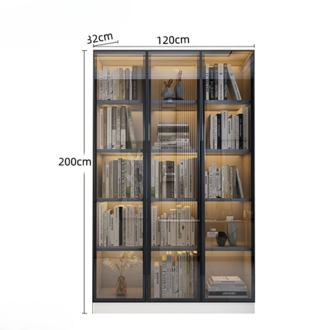 Tủ Trưng Bày Sách Cánh Kính Cường Lực Có Đèn LED Trang Trí Gỗ MDF 260x32x200cm Yapi-TK014