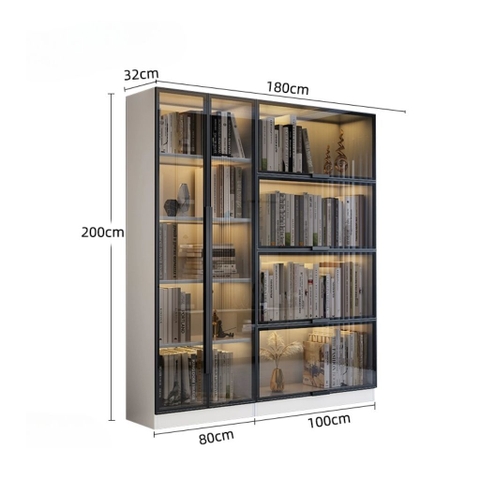 Tủ Trưng Bày Sách Cánh Kính Cường Lực Có Đèn LED Trang Trí Gỗ MDF 260x32x200cm Yapi-TK014