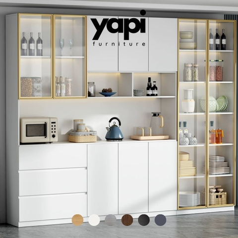Tủ Bếp Kết Hợp Quầy Bar Mini Gỗ MDF Cánh Kính Cường Lực, 280x40x220cm Yapi-TB002