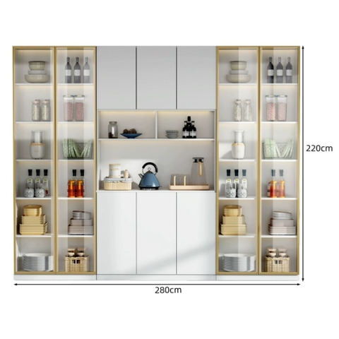 Tủ Bếp Kết Hợp Quầy Bar Mini Gỗ MDF Cánh Kính Cường Lực, 280x40x220cm Yapi-TB002