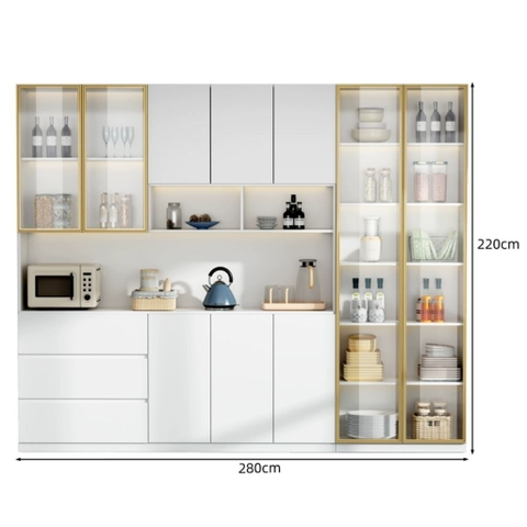 Tủ Bếp Kết Hợp Quầy Bar Mini Gỗ MDF Cánh Kính Cường Lực, 280x40x220cm Yapi-TB002