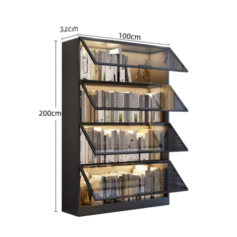 Tủ Trưng Bày Sách Cánh Kính Cường Lực Có Đèn LED Trang Trí Gỗ MDF 260x32x200cm Yapi-TK014