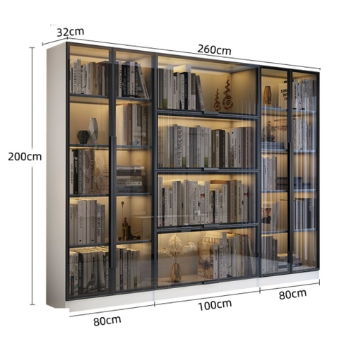 Tủ Trưng Bày Sách Cánh Kính Cường Lực Có Đèn LED Trang Trí Gỗ MDF 260x32x200cm Yapi-TK014