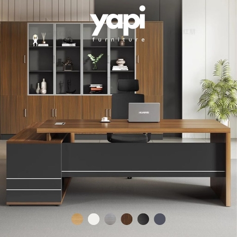 Bàn Làm Việc Giám Đốc Vân Gỗ Phối Đen Viền Kim Loại Có Ngăn Kéo 200x80x75cm Yapi-BLD003