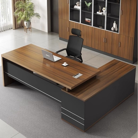 Bàn Làm Việc Giám Đốc Vân Gỗ Phối Đen Viền Kim Loại Có Ngăn Kéo 200x80x75cm Yapi-BLD003