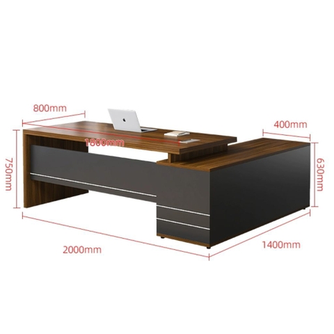 Bàn Làm Việc Giám Đốc Vân Gỗ Phối Đen Viền Kim Loại Có Ngăn Kéo 200x80x75cm Yapi-BLD003