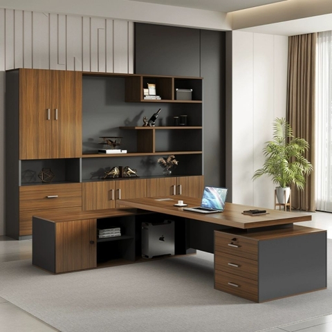 Bàn Làm Việc Giám Đốc Vân Gỗ Phối Đen Nhám, Có Ngăn Kéo Và Tủ Lưu Trữ Hiện Đại 180x40x75cm Yapi-BLD004