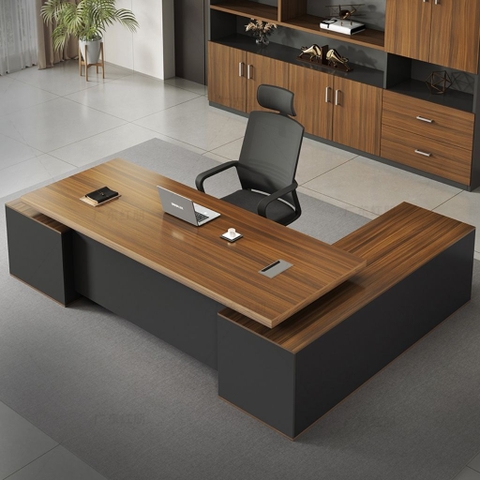 Bàn Làm Việc Giám Đốc Vân Gỗ Phối Đen Nhám, Có Ngăn Kéo Và Tủ Lưu Trữ Hiện Đại 180x40x75cm Yapi-BLD004