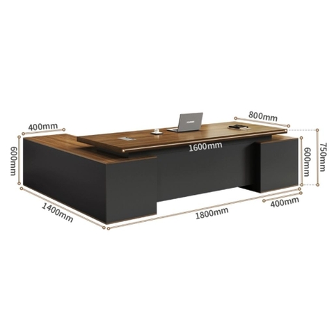 Bàn Làm Việc Giám Đốc Vân Gỗ Phối Đen Nhám, Có Ngăn Kéo Và Tủ Lưu Trữ Hiện Đại 180x40x75cm Yapi-BLD004