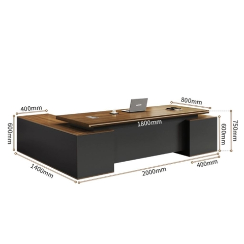 Bàn Làm Việc Giám Đốc Vân Gỗ Phối Đen Nhám, Có Ngăn Kéo Và Tủ Lưu Trữ Hiện Đại 180x40x75cm Yapi-BLD004