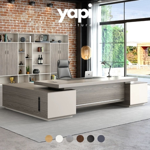 Bàn Làm Việc Giám Đốc Gỗ MDF Xám Trắng Viền Kim Loại, Nội Thất Văn Phòng 200x80x75cm Yapi-BLD005
