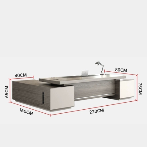 Bàn Làm Việc Giám Đốc Gỗ MDF Xám Trắng Viền Kim Loại, Nội Thất Văn Phòng 200x80x75cm Yapi-BLD005