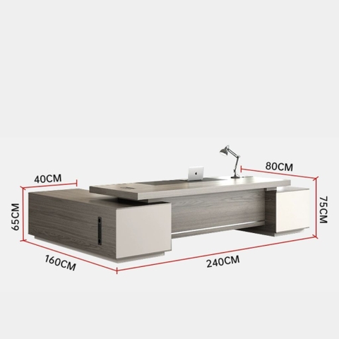 Bàn Làm Việc Giám Đốc Gỗ MDF Xám Trắng Viền Kim Loại, Nội Thất Văn Phòng 200x80x75cm Yapi-BLD005