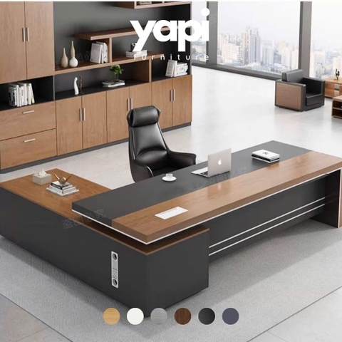 Bàn Làm Việc Giám Đốc Mặt Bàn Màu Vân Gỗ Phối Đen, Viền Kim Loại 200x40x75cm Yapi-BLD006