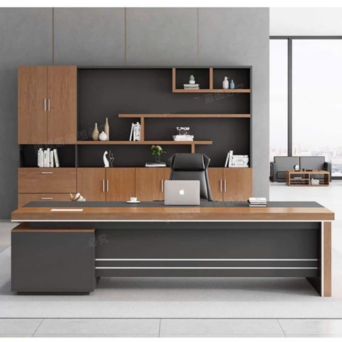 Bàn Làm Việc Giám Đốc Mặt Bàn Màu Vân Gỗ Phối Đen, Viền Kim Loại 200x40x75cm Yapi-BLD006