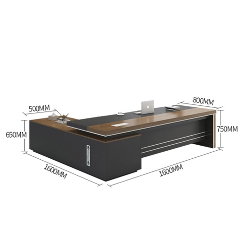 Bàn Làm Việc Giám Đốc Mặt Bàn Màu Vân Gỗ Phối Đen, Viền Kim Loại 200x40x75cm Yapi-BLD006