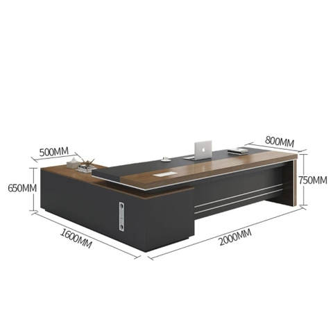 Bàn Làm Việc Giám Đốc Mặt Bàn Màu Vân Gỗ Phối Đen, Viền Kim Loại 200x40x75cm Yapi-BLD006