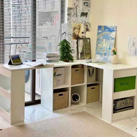 Bàn Học Đôi Có Kệ Sách 6 Ô Cho 2 Người Gỗ MDF Hiện Đại 120x50x75cm Yapi-424