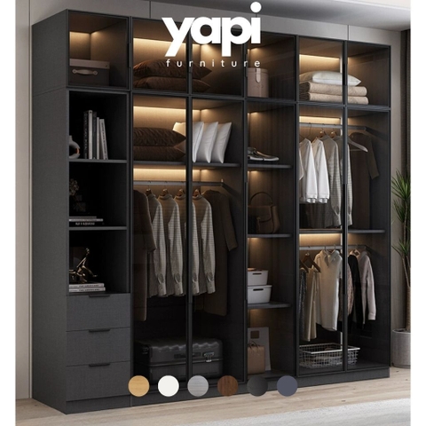 Tủ Quần Áo Cửa Kính Và Tủ Phụ Hiện Đại Bằng Gỗ MDF Chống Ẩm Cho Phòng Ngủ 200x50x240 Yapi-249B
