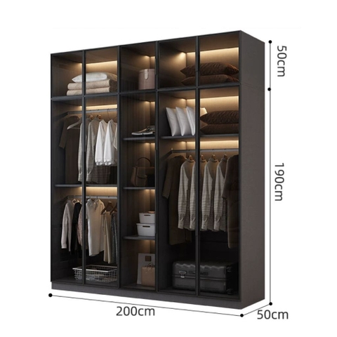 Tủ Quần Áo Cửa Kính Và Tủ Phụ Hiện Đại Bằng Gỗ MDF Chống Ẩm Cho Phòng Ngủ 200x50x240 Yapi-249B