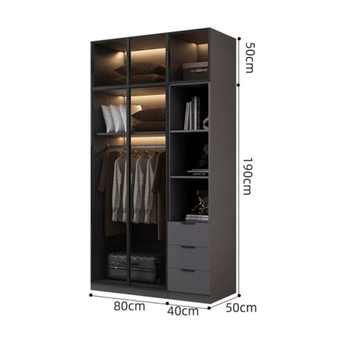 Tủ Quần Áo Cửa Kính Và Tủ Phụ Hiện Đại Bằng Gỗ MDF Chống Ẩm Cho Phòng Ngủ 200x50x240 Yapi-249B