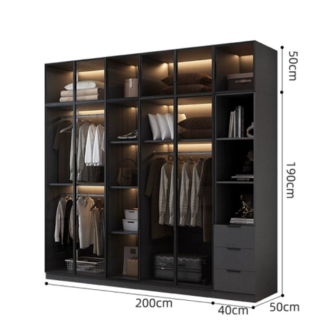 Tủ Quần Áo Cửa Kính Và Tủ Phụ Hiện Đại Bằng Gỗ MDF Chống Ẩm Cho Phòng Ngủ 200x50x240 Yapi-249B