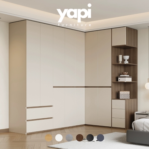 Tủ Quần Áo Chữ L Tone Trắng Kèm Tủ Phụ Gỗ MDF - Nội Thất Phòng Ngủ 260x180x240cm Yapi-252