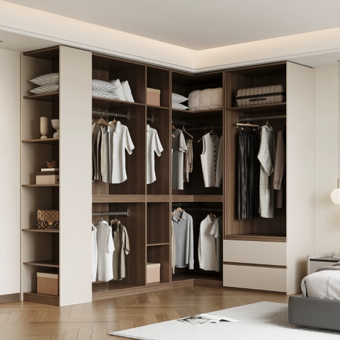 Tủ Quần Áo Chữ L Tone Trắng Kèm Tủ Phụ Gỗ MDF - Nội Thất Phòng Ngủ 260x180x240cm Yapi-252