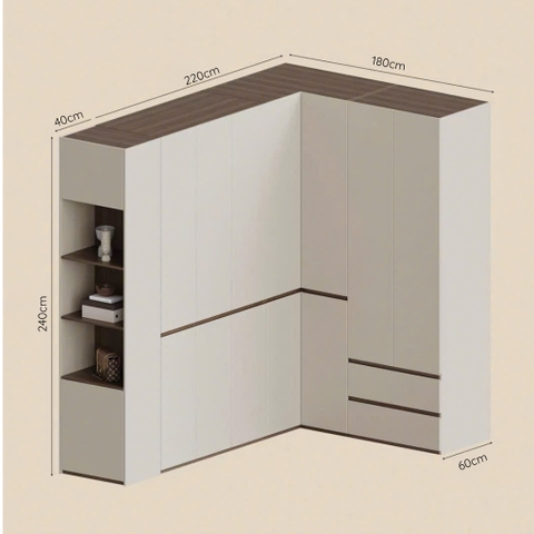 Tủ Quần Áo Chữ L Tone Trắng Kèm Tủ Phụ Gỗ MDF - Nội Thất Phòng Ngủ 260x180x240cm Yapi-253