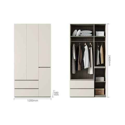 Tủ Quần Áo Gỗ MDF 6 Cánh Hiện Đại Màu Trắng Kèm Tủ Phụ 200x58x240cm Yapi-255