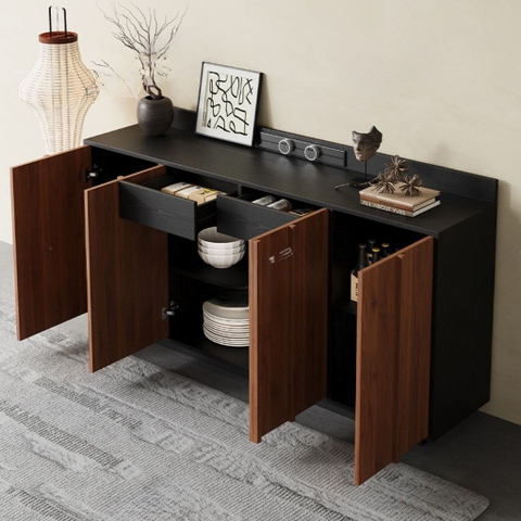 Tủ Trang Trí Nan Dọc Hiện Đại Cánh Vân Gỗ, Khung Đen 160x40x90cm Yapi -118