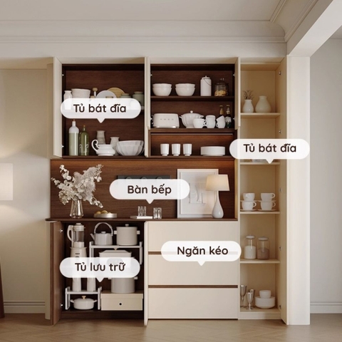 Tủ Bếp Cạnh Bo Tròn Mềm Mại Màu Trắng Nâu, Có Ngăn Kéo 200x42x230 Yapi-TB003