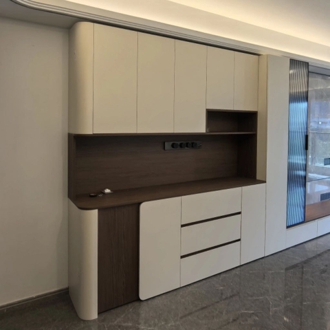 Tủ Bếp Cạnh Bo Tròn Mềm Mại Màu Trắng Nâu, Có Ngăn Kéo 200x42x230 Yapi-TB003