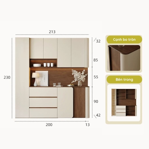 Tủ Bếp Cạnh Bo Tròn Mềm Mại Màu Trắng Nâu, Có Ngăn Kéo 200x42x230 Yapi-TB003