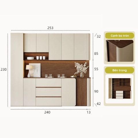 Tủ Bếp Cạnh Bo Tròn Mềm Mại Màu Trắng Nâu, Có Ngăn Kéo 200x42x230 Yapi-TB003