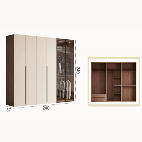 Tủ Quần Áo Cánh Kính Kết Hợp Cánh Trơn Tối Giản, Sang Trọng 240x57x240cm Yapi-257