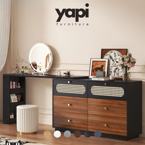 Bàn Trang Điểm Chữ L Gỗ MDF Cánh Mây Nhiều Ngăn Kéo 140x40x75cm Yapi-808