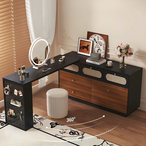 Bàn Trang Điểm Chữ L Gỗ MDF Cánh Mây Nhiều Ngăn Kéo 140x40x75cm Yapi-808