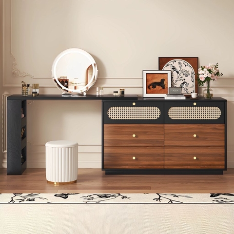 Bàn Trang Điểm Chữ L Gỗ MDF Cánh Mây Nhiều Ngăn Kéo 140x40x75cm Yapi-808