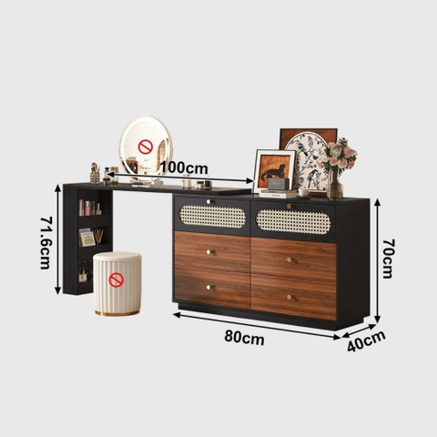 Bàn Trang Điểm Chữ L Gỗ MDF Cánh Mây Nhiều Ngăn Kéo 140x40x75cm Yapi-808