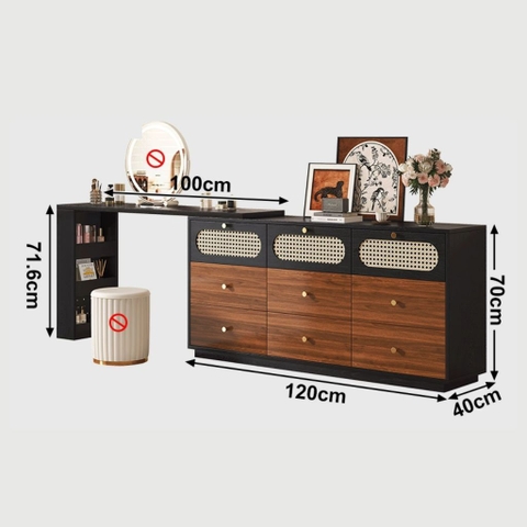 Bàn Trang Điểm Chữ L Gỗ MDF Cánh Mây Nhiều Ngăn Kéo 140x40x75cm Yapi-808