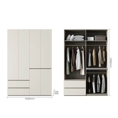 Tủ Quần Áo Gỗ MDF 6 Cánh Hiện Đại Màu Trắng Kèm Tủ Phụ 200x58x240cm Yapi-255