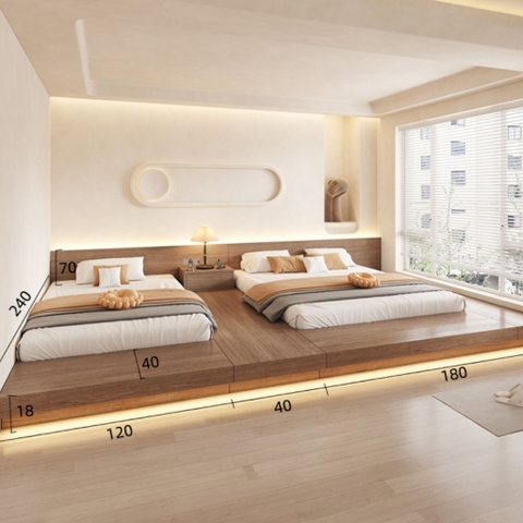 Giường Bệt Tatami 2 Nệm Có Đèn LED Cho Phòng Ngủ, Homestay 340x240x70cm Yapi-543