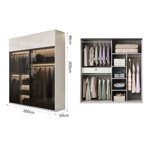 Tủ Quần Áo Cánh Lùa, Kính Cường Lực Hiện Đại 180x60x200cm Yapi-258