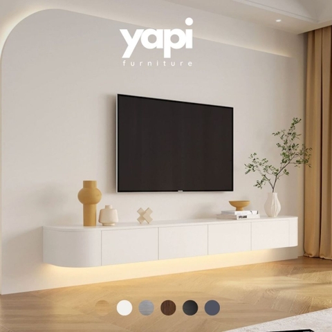 Kệ Tivi Treo Tường Hiện Đại Bo Góc Có Đèn LED, Nội Thất Phòng Khách 200x35x28cm Yapi-919