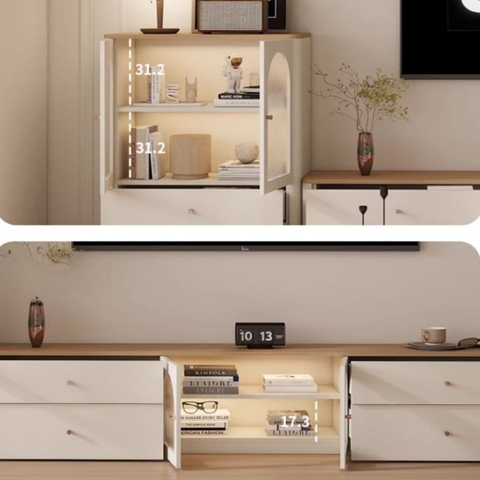 Combo Kệ Tivi, Tủ Đứng Và Bàn Trà Cánh Kính Sóng Thanh Lịch 200x35x45cm Yapi-923