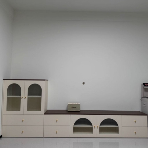 Combo Kệ Tivi, Tủ Đứng Và Bàn Trà Cánh Kính Sóng Thanh Lịch 200x35x45cm Yapi-923
