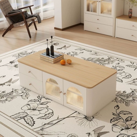 Combo Kệ Tivi, Tủ Đứng Và Bàn Trà Cánh Kính Sóng Thanh Lịch 200x35x45cm Yapi-923