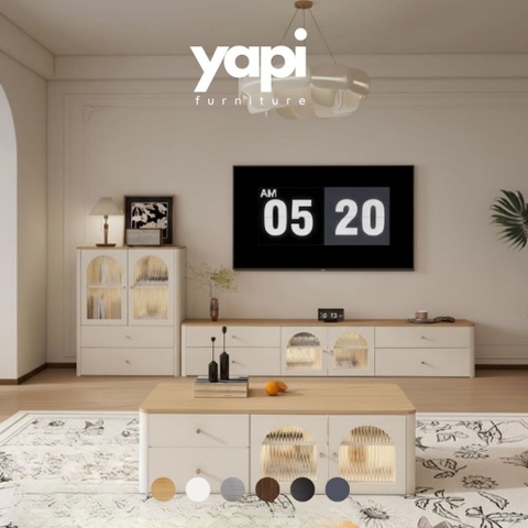 Combo Kệ Tivi, Tủ Đứng Và Bàn Trà Cánh Kính Sóng Thanh Lịch 200x35x45cm Yapi-923